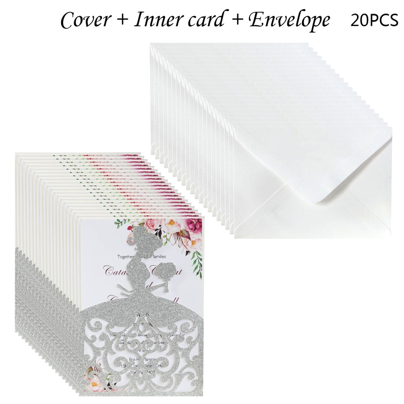 20pcs/set Wedding Invitations Cards Glitter Girl Greeting Card Invite Envelopes 67JB