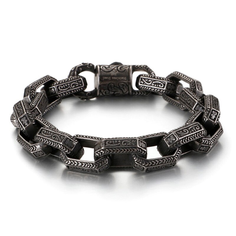 Fontten vintage firkantet perlearmbånd mænd sort rustfrit stål viking punk charms tunge armbånd smykker: Kb118450- bdjx / 21.5cm