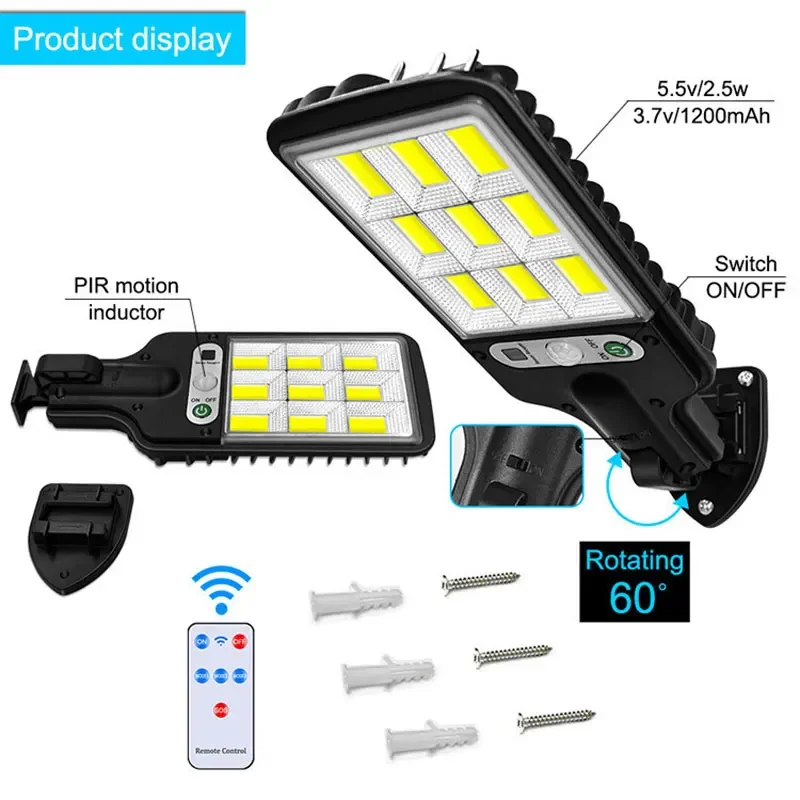 1~6PCS 72/108/117COB LED Solar Street Lamp Cob Solar Lights Outdoor PIR Motion Detector Light Solar Powered Lantern For Carden