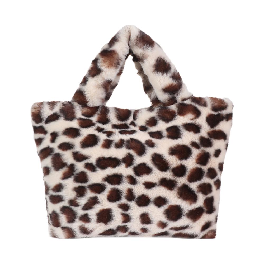 Winter Warm Fur Shoulder Bag Women Snap Button Vintage Leopard Print Bag Chain Large Capacity Plush Soft Bag: Beige