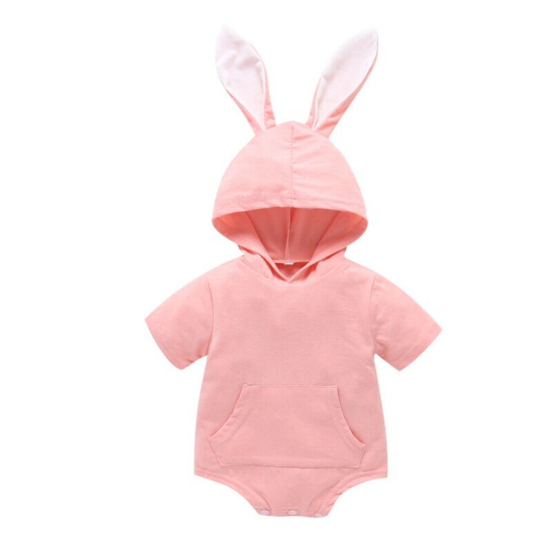 Pasen Dag Baby 1st Bodysuit Baby Baby Meisje Jongen Konijn Bunny Hooded Korte Mouw Solid Bodysuit Kleding