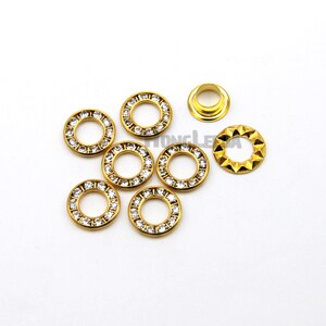 DIY 1 sets hand press tools + 100sets/lot 3colors 12mm round metal brass rhinestone eyelets glass grommets: Gold