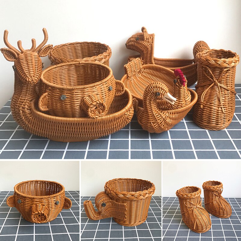 Rattan Woven Fruit Basket Cute Shape Fruit Bowls Tray Vegetable Snack Breakfast Display Basket Novelty Animal Shaped
