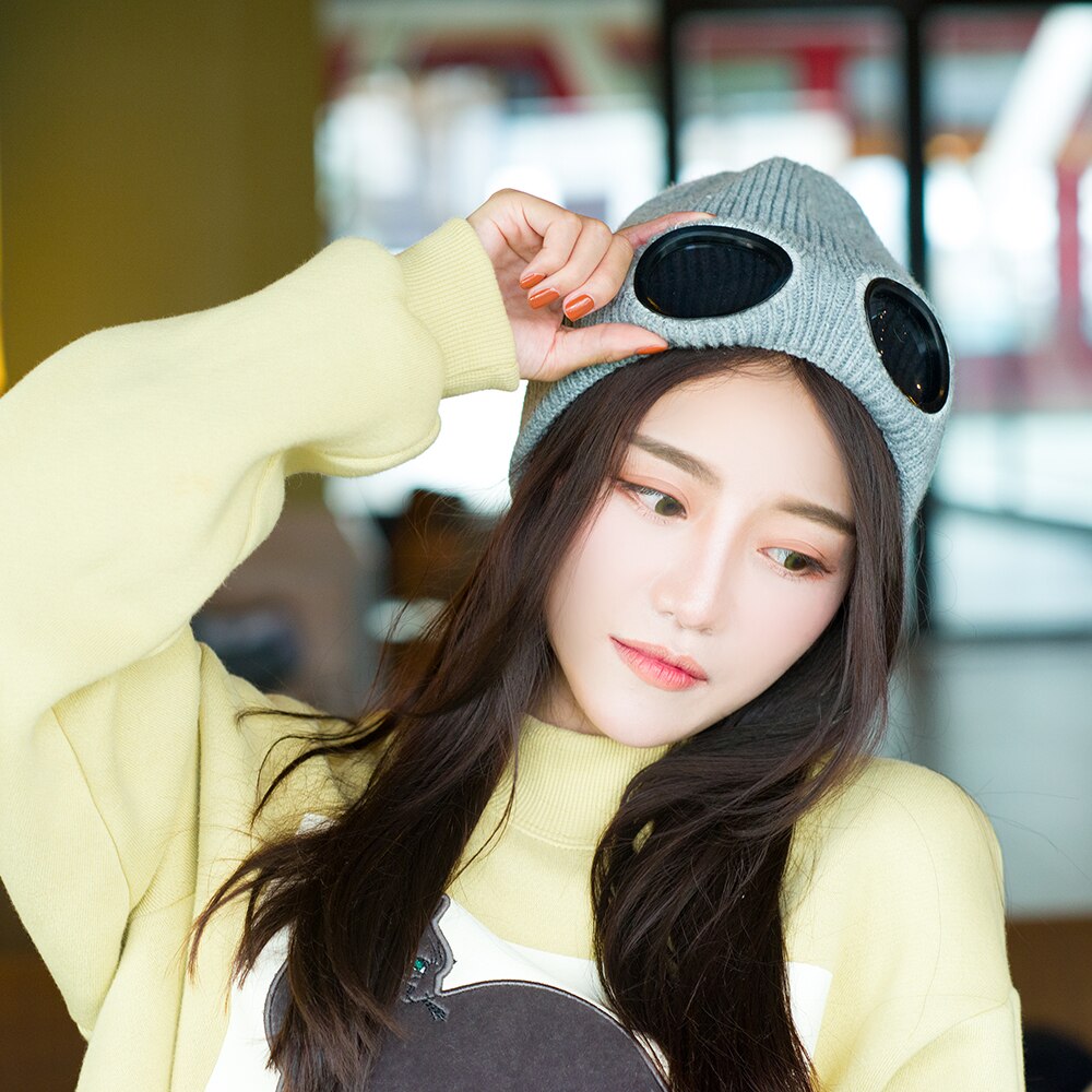 Dihope winter warme gebreide mutsen unisex volwassen winddichte skimutsen met afneembare glazen dikke sport multifunctionele