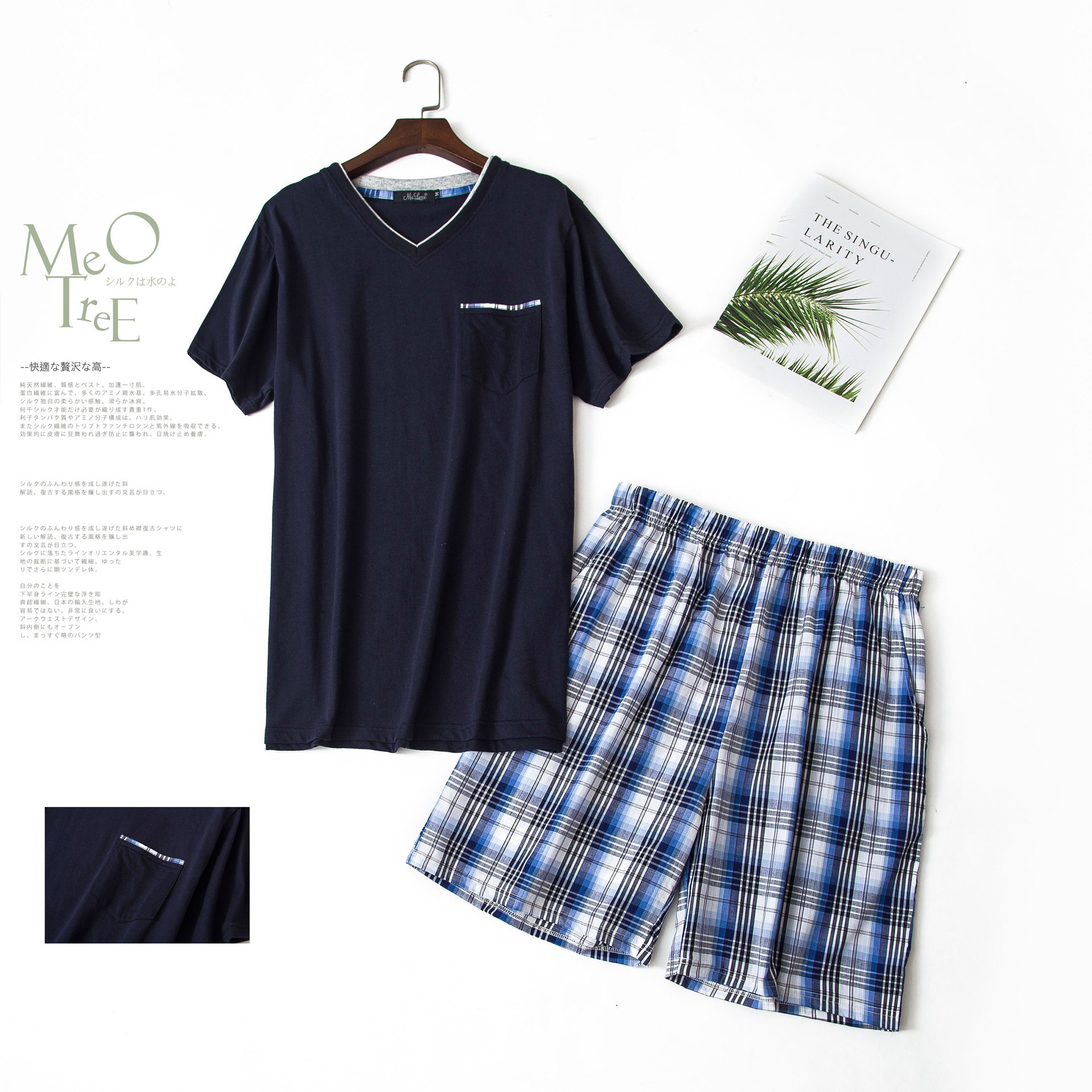Plus Size Summer Short-sleeved Shorts Plaid Pajama Suit European Men's Cotton Mens Pyjama Sexy Sleepwear Men Pijamas Big Size: 18 male blue-2 / L
