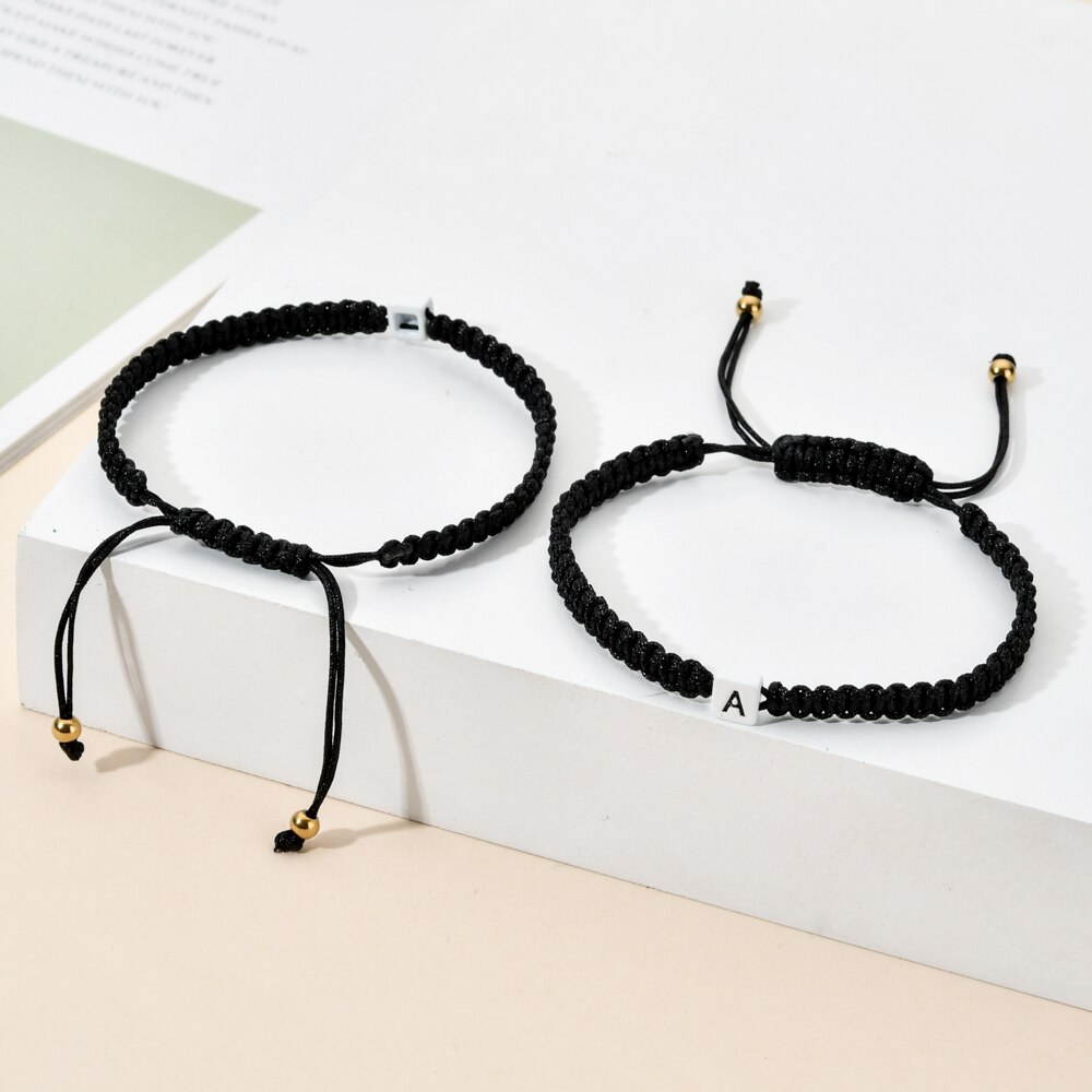 Zmzy A-Z Set Zwart Touw Geluk Armbanden Paar String Gevlochten Vriendschap Sieraden Voor Vrouwen 26 Letters Charm Naam Armband Mannen