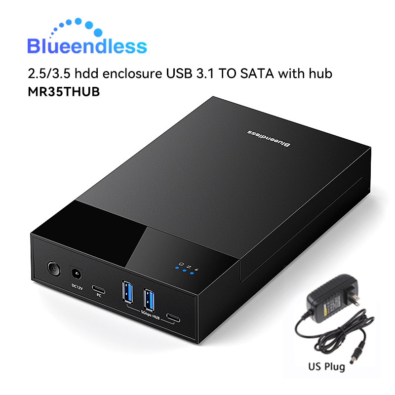 Blueendless 2.5/3. 5 HDD/SSD Enclosure with USB3.0 HUB support 18TB TYPE C TO SATA Adapter tool free HDD case with 12V Power ada: Gold