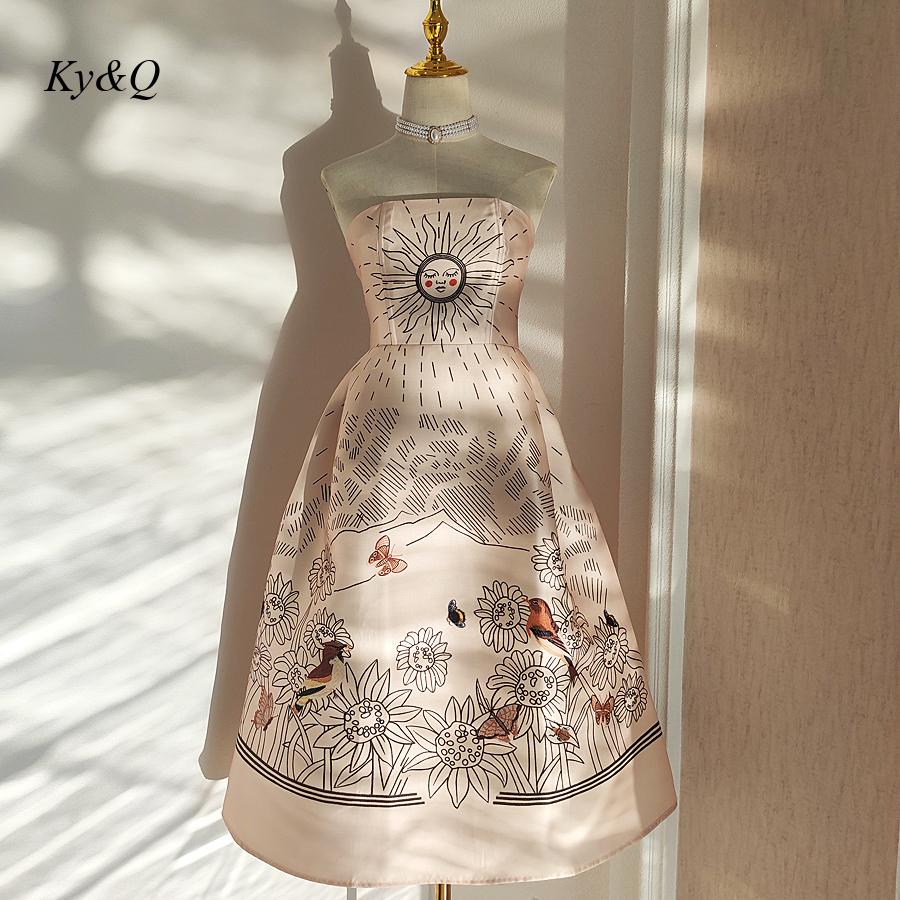 Vietnamese Brand 2022 Summer Party Sun Flower Printed Dress Woman Fishbone Waist Closing Strapless A-Line Dresses