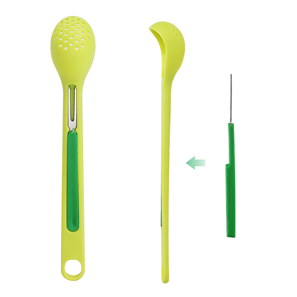 Astiasto purkitettu hedelmämehu suodatin lusikka siivilä lusikka suodatin 2 in 1 ruostumaton teräs hedelmähaarukka pitkävartiset siivilät