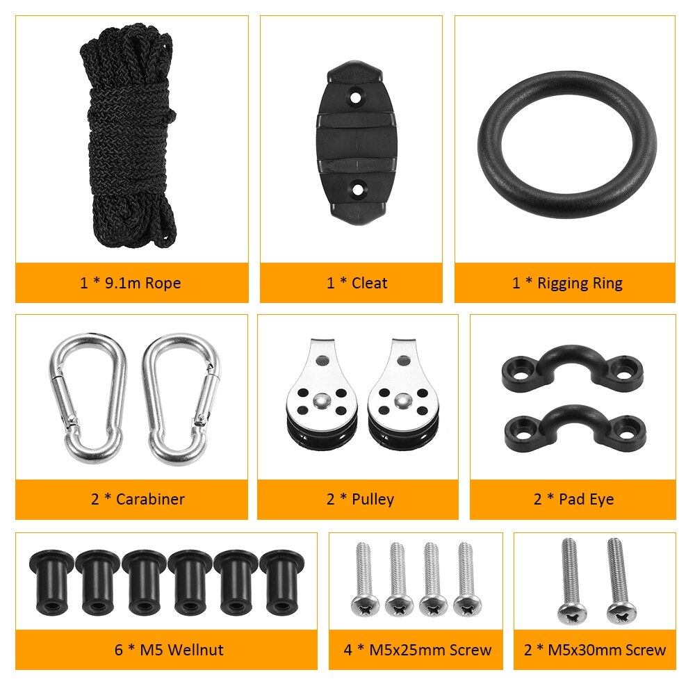 Kayak Anker Trolley Kit - 21 Dele - Vandski Tilbehør - Zig Zag Cleat Rigging Ringe Trisser Pad Øjer Skruer