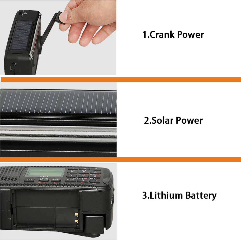 CY-1Radio Solar Dynamo Emergency Multi-function FM stereo Alarm Clock Digital Tuning Full Band Radio/Recording/MP3