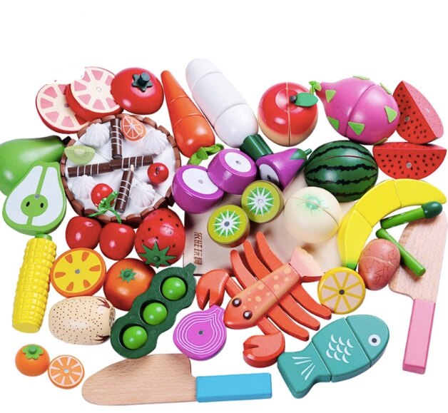 Wooden cutting fruit kitchen toy Food Toys Fruit Fish Vegetable Blocks Montessori preschool educational toy kids Birthday