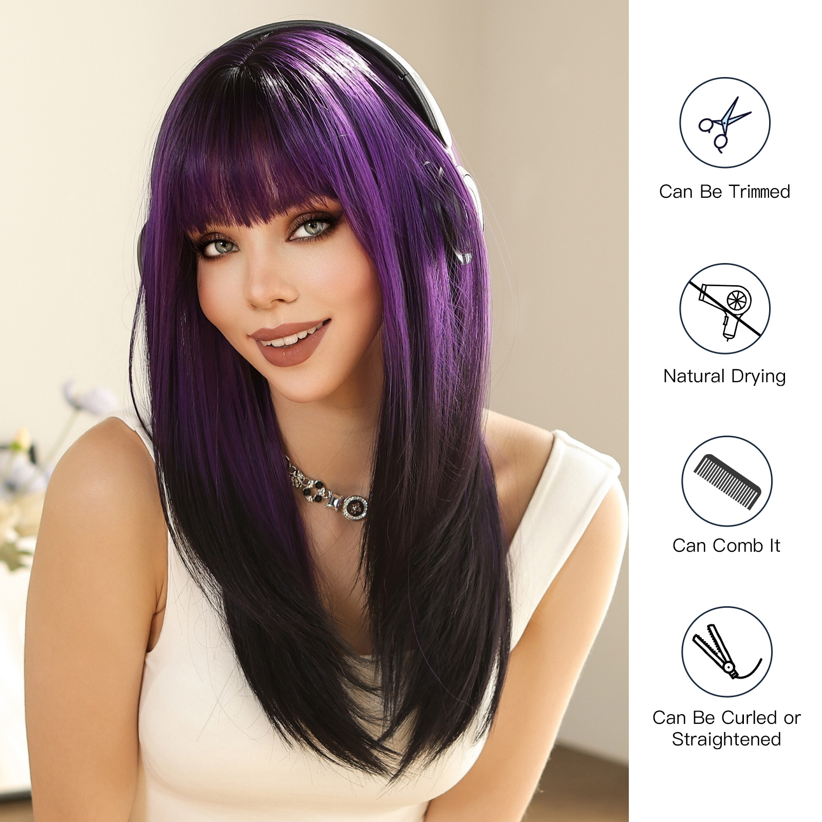 Gerade geschichtete synthetische Perücken Lila Schwarz Ombre Perücke mit Pony Mittellange farbige Cosplay-Perücke für Frauen Hitzebeständige Perücke