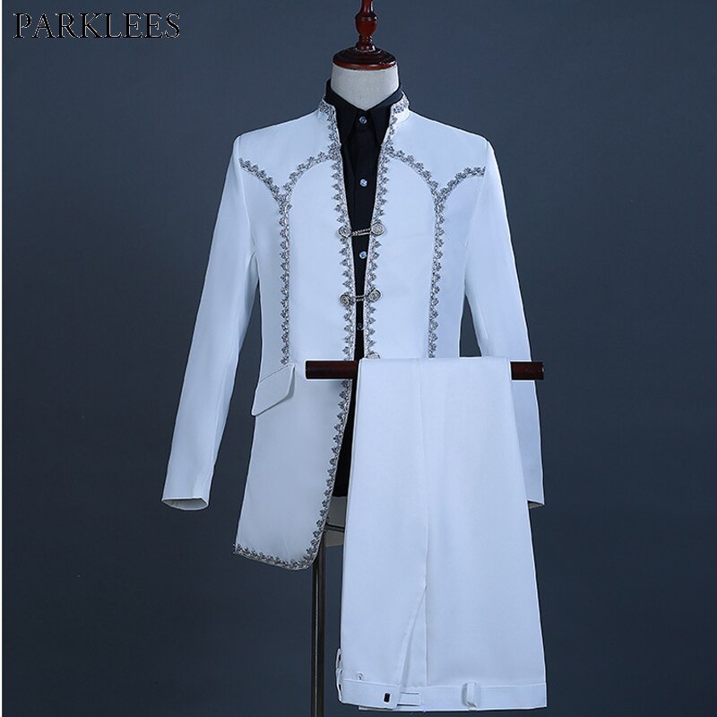 Male Stand Collar Double Breasted Europe Vintage Drama 2 Pieces Dress Suit Brand Slim Fit Prom Weeing Groom Costume Homme White