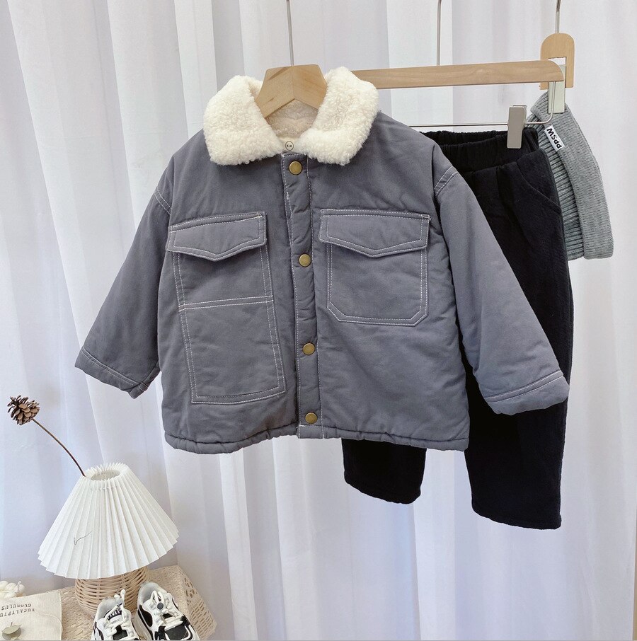 Jongens Verdikking Warme Lamswol Jas Kids Winter Effen Kleur Jassen Jassen Kinderen Kleding Bovenstukken Kid Kleding 3 4 5 6 7 Jaar: Gray / 7T
