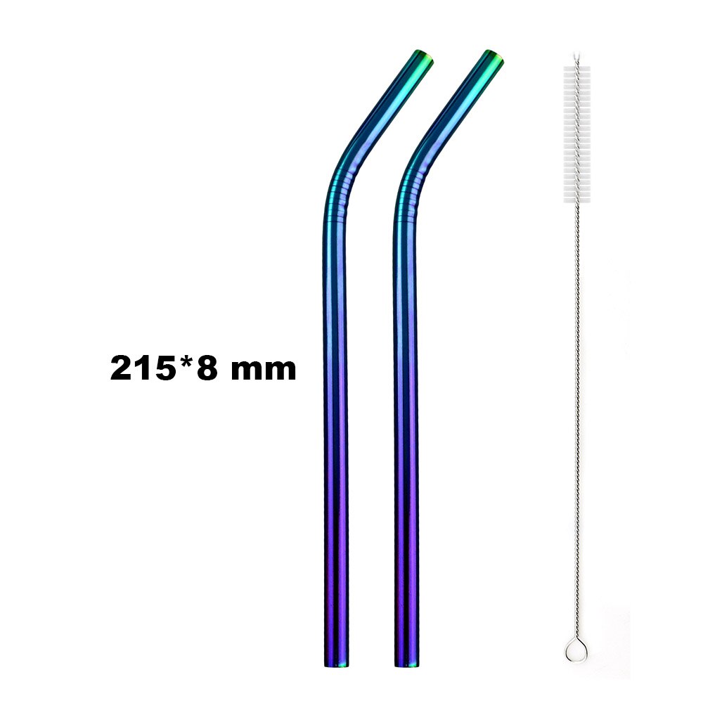 Pajilla de Metal reutilizable para beber, pajilla de Metal de acero inoxidable, paja colorida de arco iris de 16/19/21/23/26cm, diámetro de 6/8/12mm con 1 cepillo, 2 uds.: 215x8 Bent