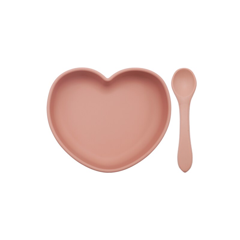 Plato de cena en forma de corazón con succión, juego de alimentación para bebé, cuchara de silicona pura, fácil de limpiar, sin BPA, para Baby Shower, novedad de 2022: 006-muted
