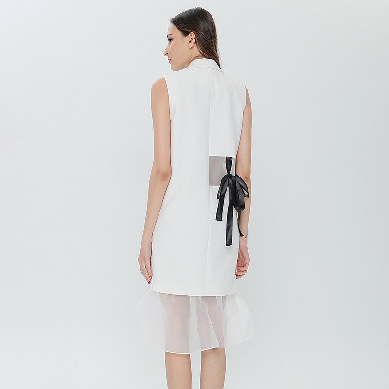 Vgh Blazer Jurk Voor Vrouwen Revers Mouwloze Strik Lace Up Patchwork Mesh Witte Jurken Vrouwelijke Zomer Kleren