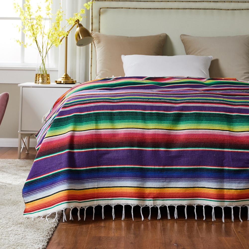 Ethnic Style Beach Blanket Cotton Mexican Indian Handmade Rainbow Blanket Home Tapestry Beach camping Picnic Travel Plane Mat