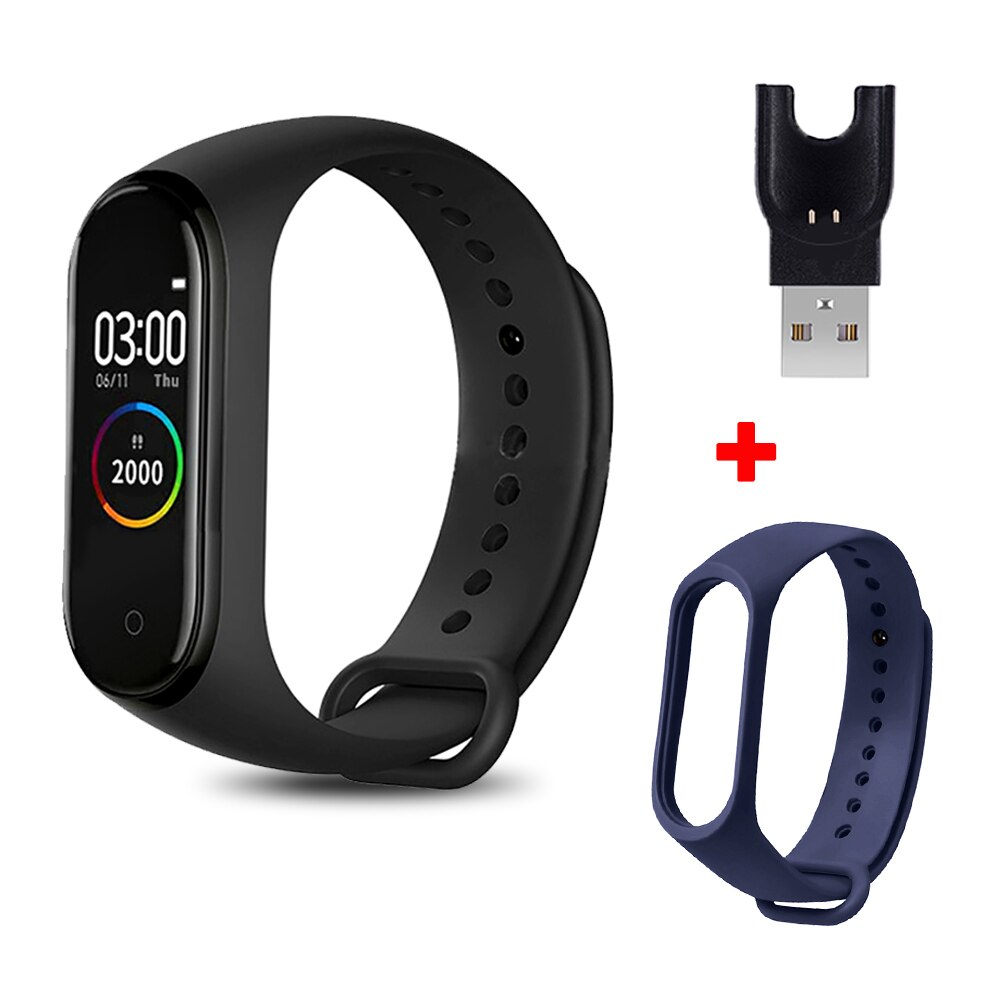 M4 Smart Bracelet with Extra Strap Smart Band Color Screen Sport Fitness Pedometer Blood Pressure Smart Wristband Step Counter: black dark blue