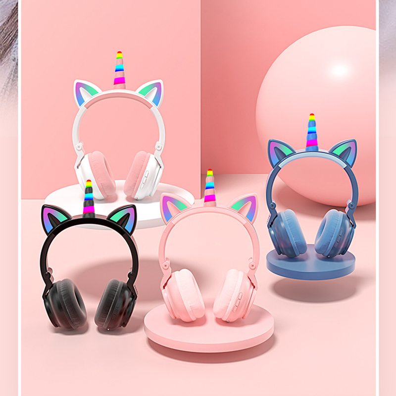 Söta enhörning trådlösa hörlurar med mikrofoner, styr rgb ljus barn tjejer musik stereo hjälm mobiltelefon headset