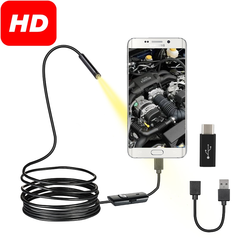 Cámara endoscópica de 7mm, Micro USB OTG tipo C, impermeable, 6 LEDs ajustables, boroscopio de Inspección, para teléfono Android y ordenador