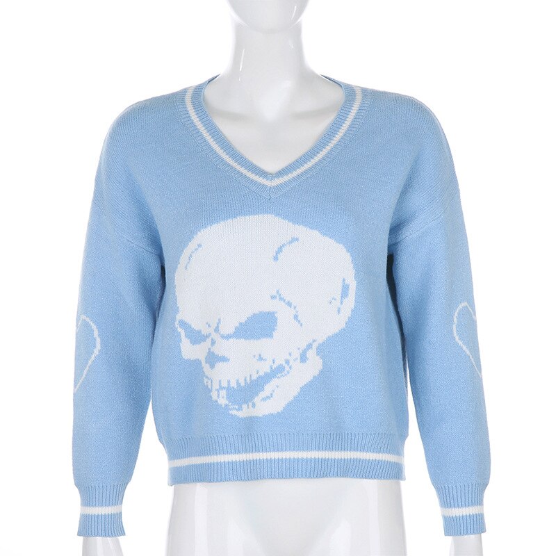 Allneon grunge esthétique crâne graphique tricoté  y2k pulls style punk col en v manches longues pulls surdimensionnés vintage 2000s hauts: S / Bleu