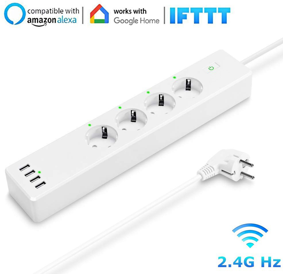 Wifi Smart Power Strip 4 EU Outlets Plug with 4 USBCharging Port Timing App Voice Control Work with Alexa Google Home Assistant