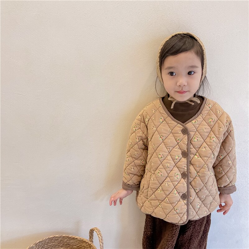 Nuovi vestiti per bambini in stile coreano invernale cappotti trapuntati per bambina stampati floreali addensare capispalla imbottiti in cotone per bambini caldi