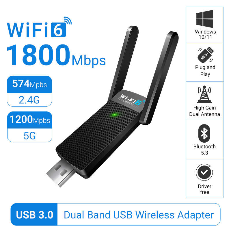 BT5.3 1800Mbps WiFi 6 USB Adapter 5G/2.4GHz USB3.0 Wi-fi Dongle Wireless 802.11ax Network Card Gain Antenna For Windows 10 11