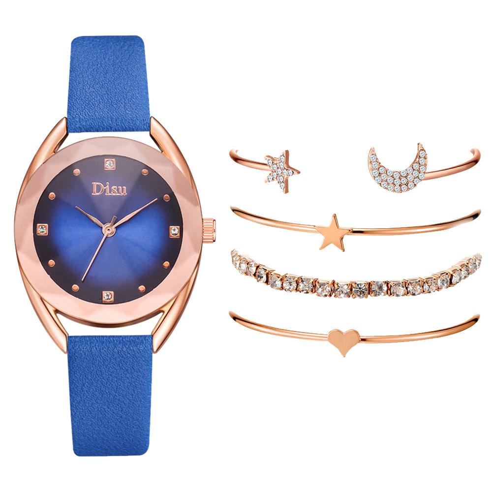 Set leren horlogebanden voor dames, casual dameshorloge met gradiënt wijzerplaat en armbandhorlogeset: Blauwe set van 5 stuks