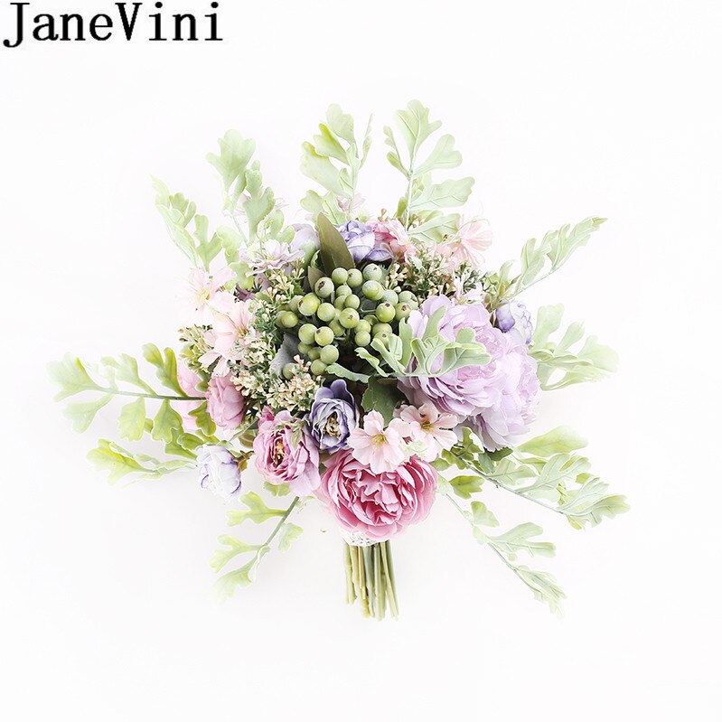 JaneVini Seide Brautjungfer Bouquets Künstliche Pfingstrose Rose Trouw Boeket Kleine Größe Braut Hochzeit Bouquet Griff Braut Blumen