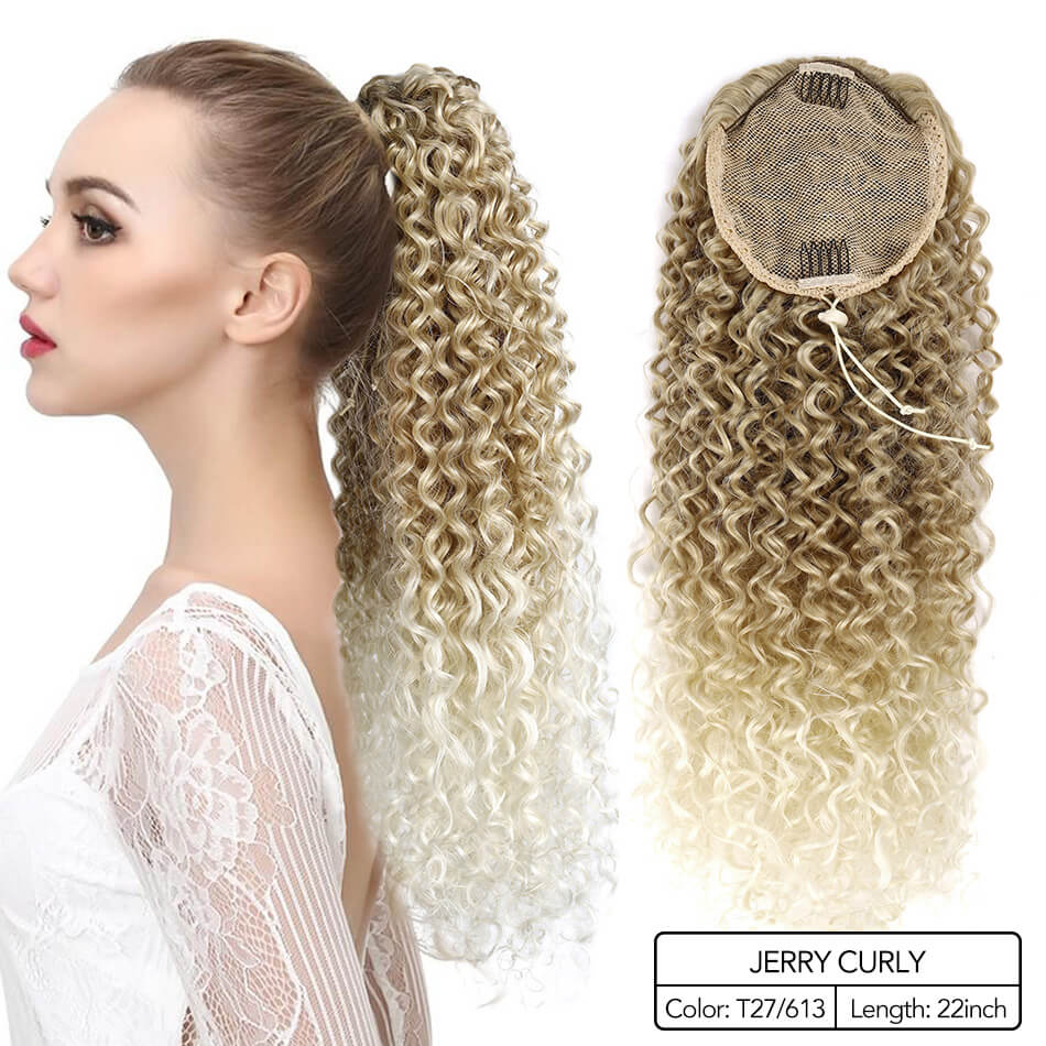 Beauty On Line Jerry Curly Clip in Ponytail Extension 22 Inches Synthetic Drawstring Curly Hair Piece Black Brown Ombre Color: MT27-613