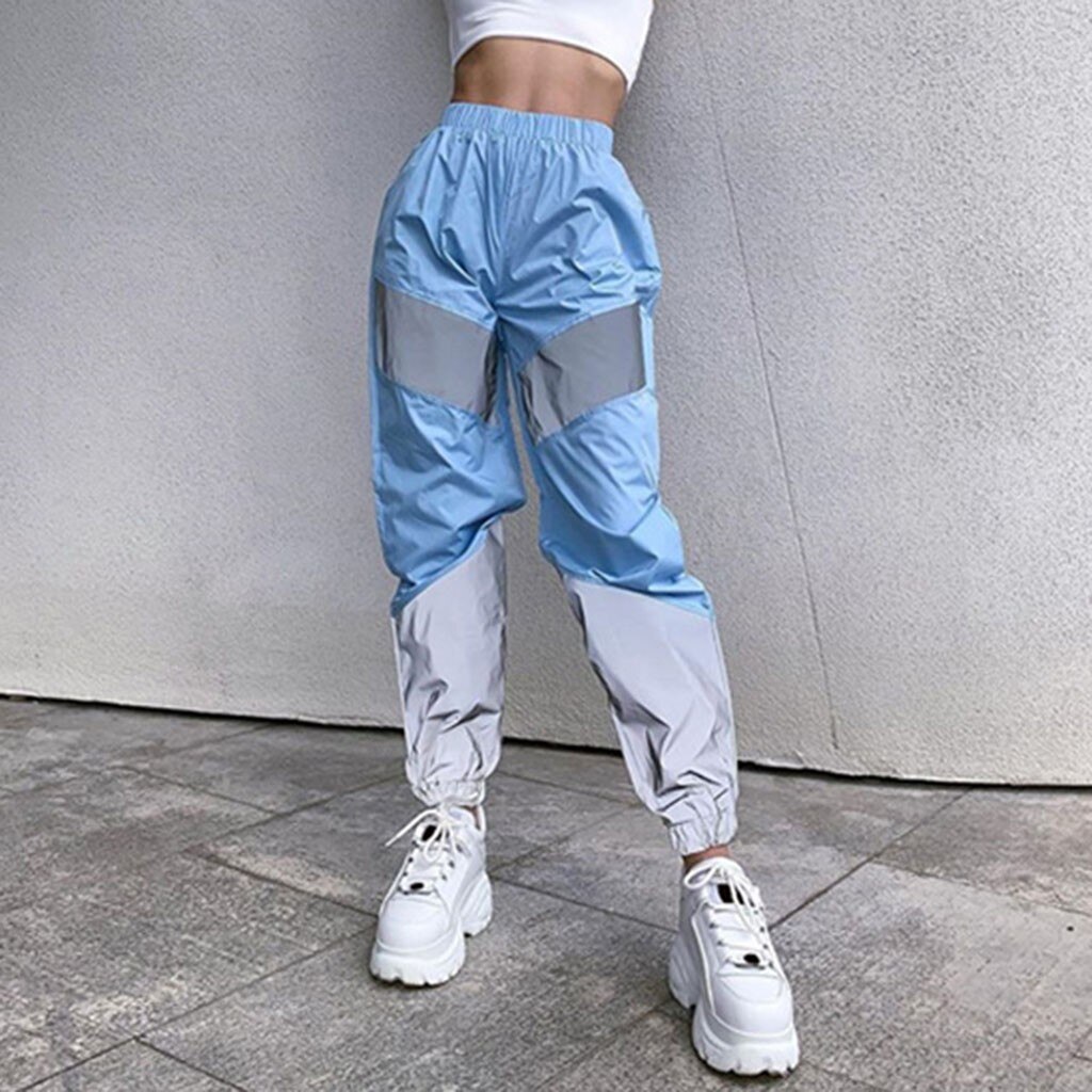 Women Mid-rise Splicing Reflective Sweatpants Street Casual Splicing Reflective Light Loose Pants Sport Pants#P25