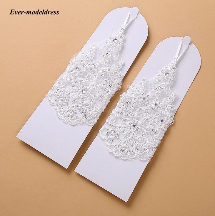 Luvas de noiva, luvas curtas da moda, comprimento do pulso, renda, sem dedos, com lantejoulas, branco marfim, luvas de casamento, acessórios de noiva baratos