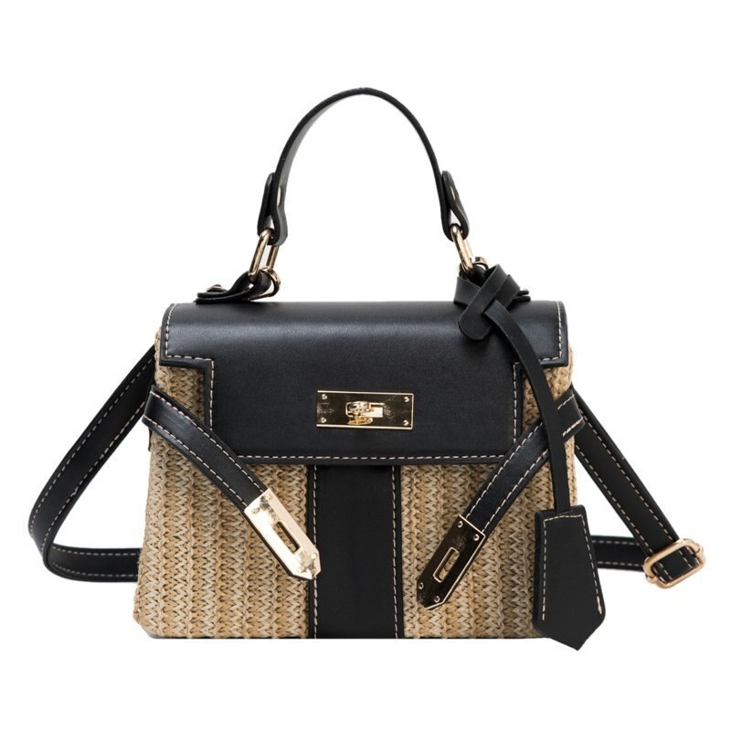 Box Stro Vrouwen Handtassen Rieten Geweven Schouder Crossbody Tassen Chic Lock Pu Zomer Strand Rotan Kleine Flap: black