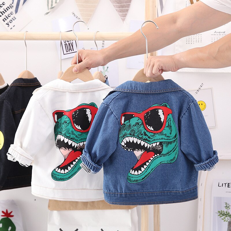 Meninos denim jaquetas casaco outerwear 2021 novo estilo outono crianças roupas dos desenhos animados casaco crianças dinossauro impresso vestuário jaqueta