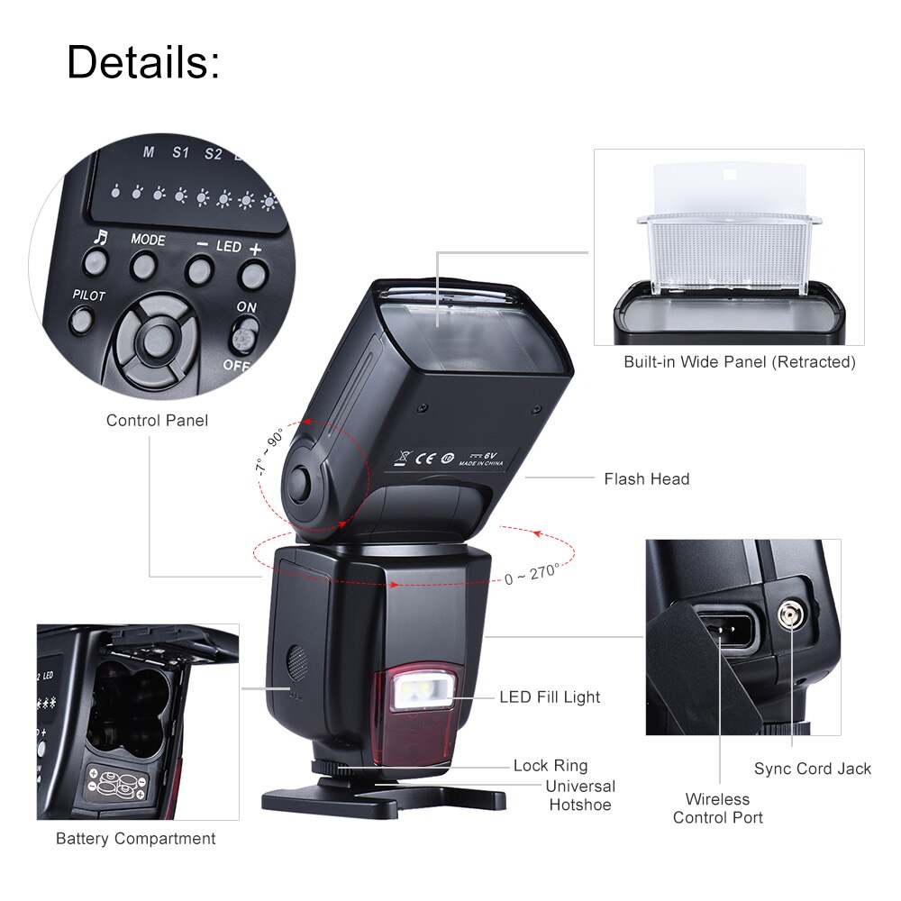 Andoer Ad-560 Ⅱ Universal Flash Speedlite Op-Camera Flash GN50 W/Verstelbare Led Licht Invullen Voor canon Nikon Olympus Pentax Dslr