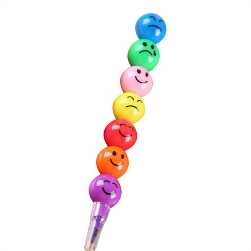 7 Colors Cartoon Face Print Pencils Lovely Round Graffiti Pen Stationery For Kids Wax Crayon Pencil