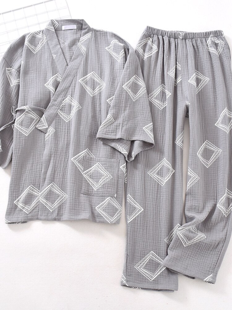 Geometrische aufbringen Herren Kimono Schlafanzug Anzug Haut-freundliche Baumwolle Krepp Japanischen Lange ärmeln Hosen Männer Leben Kleidung Nachtwäsche: grau / XL