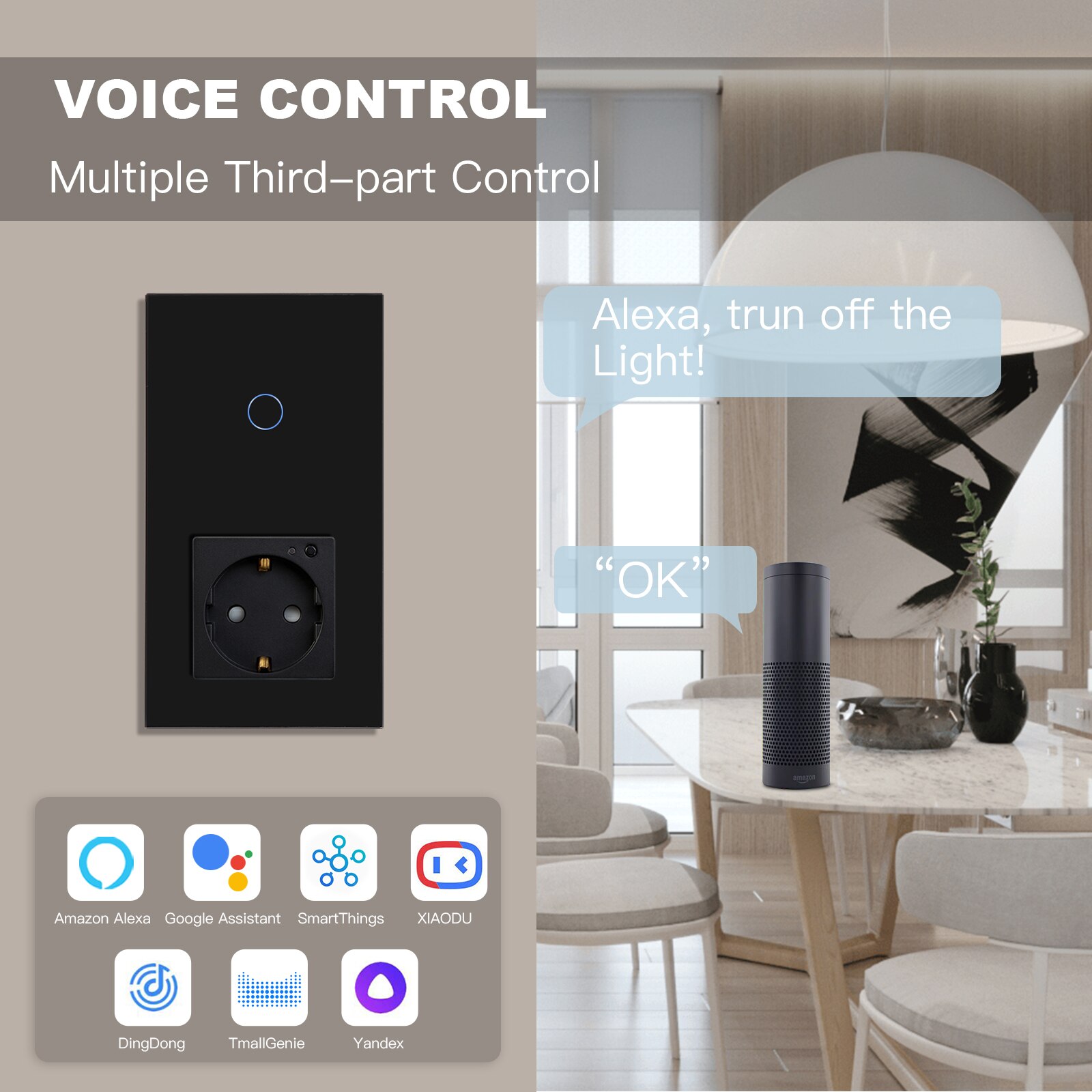 BSEED EU Standard Smart Socket Wifi Touch Switches Crystal Glass Panel Tuya Smart Switch 1/2/3Gang 1/2/3Way Alexa APP Control