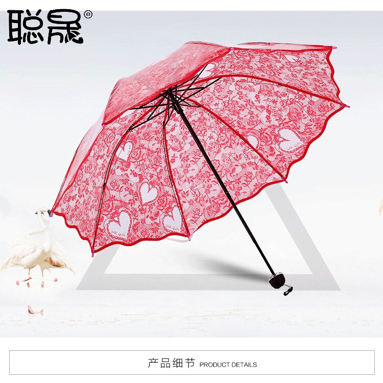 Sunny Rain Dual-Purpose Paraplu Transparante Opvouwbare Paraplu Kant Liefde Drie Opvouwbare Paraplu Dame Lichtgewicht Leuke Paraplu