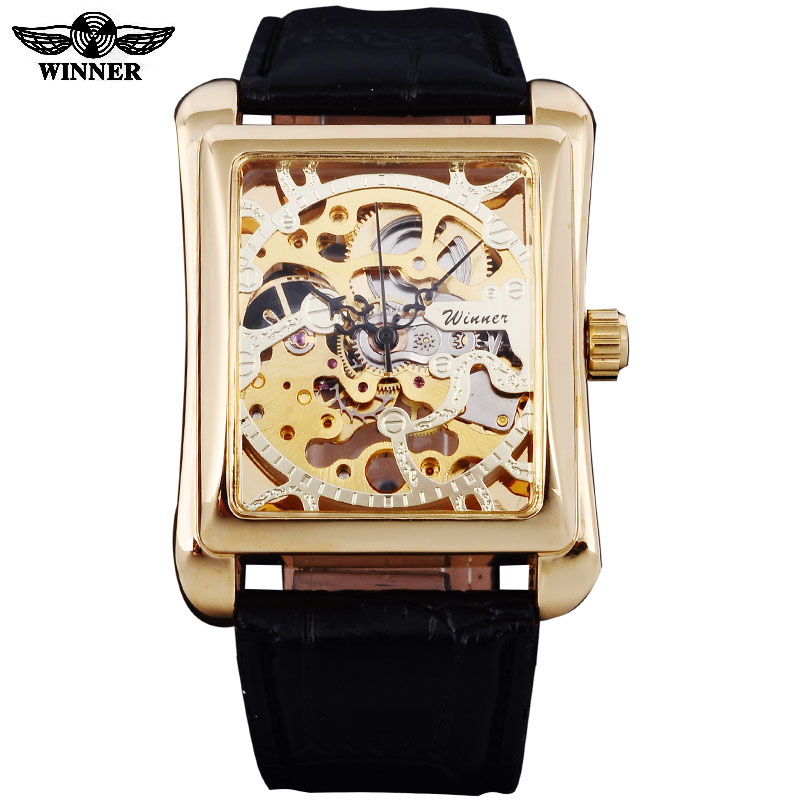 Winnaar Horloges Mannen Rechthoek Mechanische Hand Wind Horloges Man Golden Skeleton Dial Kunstleer Horloges