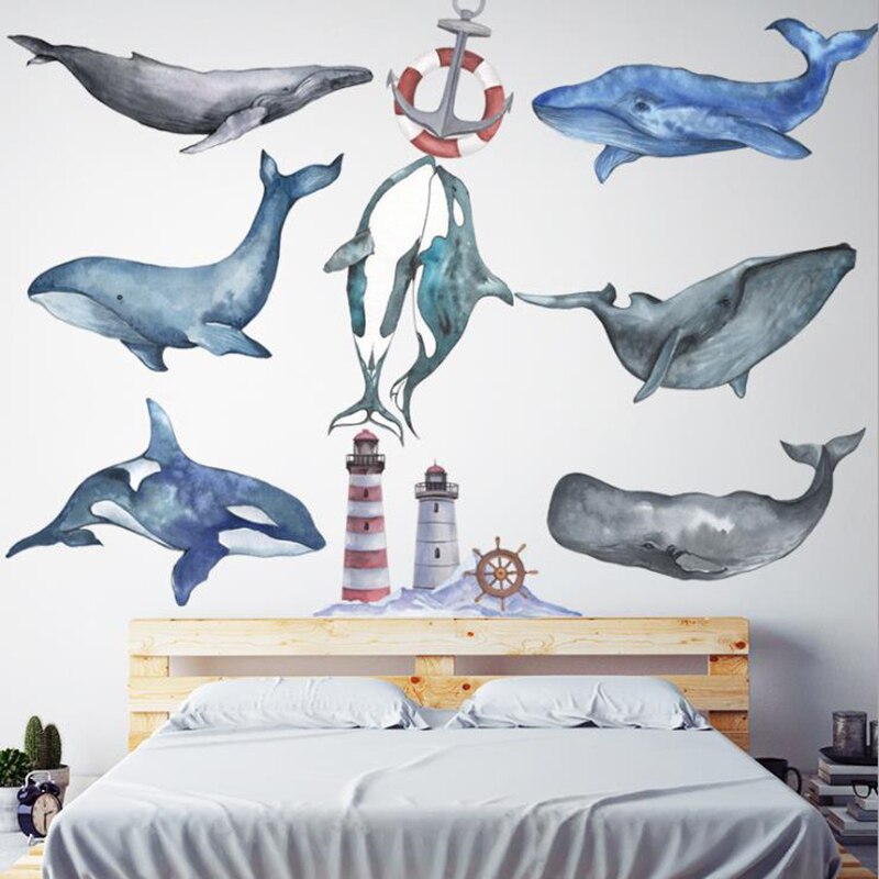 DIY Cartoon Ocean Animals Whale Dolphin Sharks Wall Stickers for Kid's Room Decor Bedroom Bathroom Decoration art Mural Decals: Blue