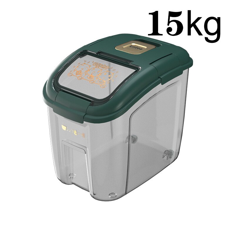 Contenedor grande de cocina de 5-25KG, cubo a prueba de insectos, a prueba de humedad, tarro sellado de grano de arroz, almacenamiento doméstico, caja de tienda de comida para perros y Mascotas: 15KG green