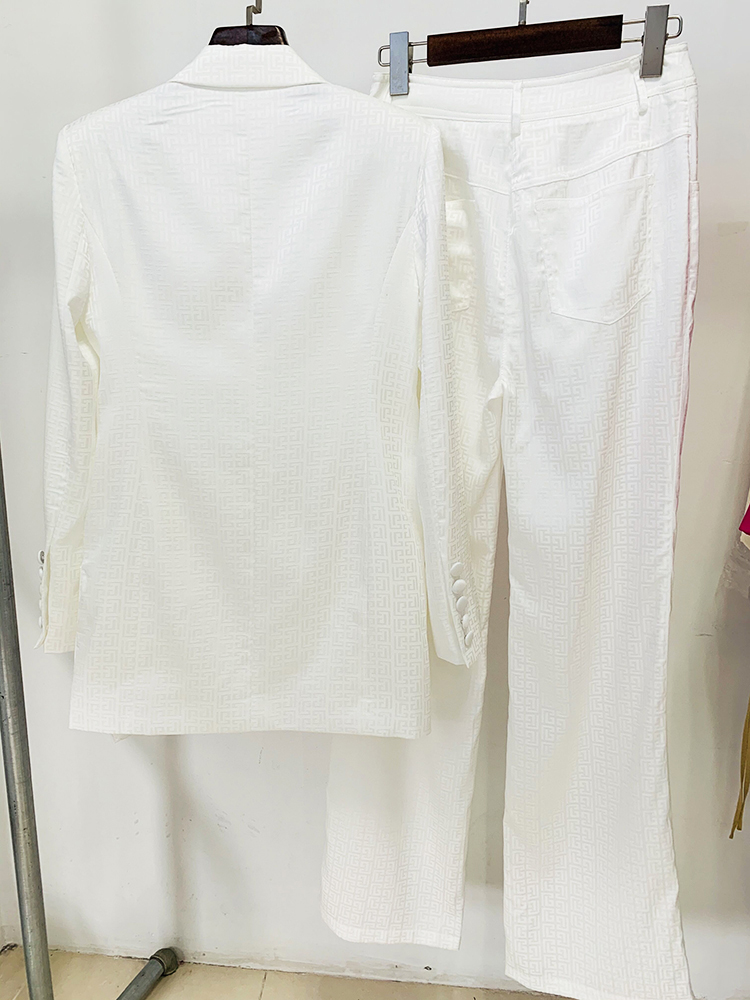 High Street 2024 Catwalk Pak Set Dames Dubbele Rij Knopen Monogram Jacquard Dunne Blazer Broek Set 2 Stuks