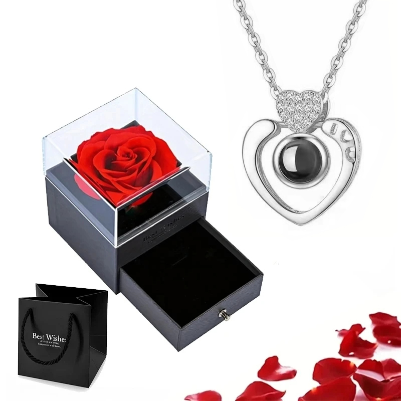 Conjunto de colar de projeção com caixa de presente rosa 100 idiomas eu te amo coração pingente jóias 2024 para presentes namorada dropshipping: Banhado a Ródio