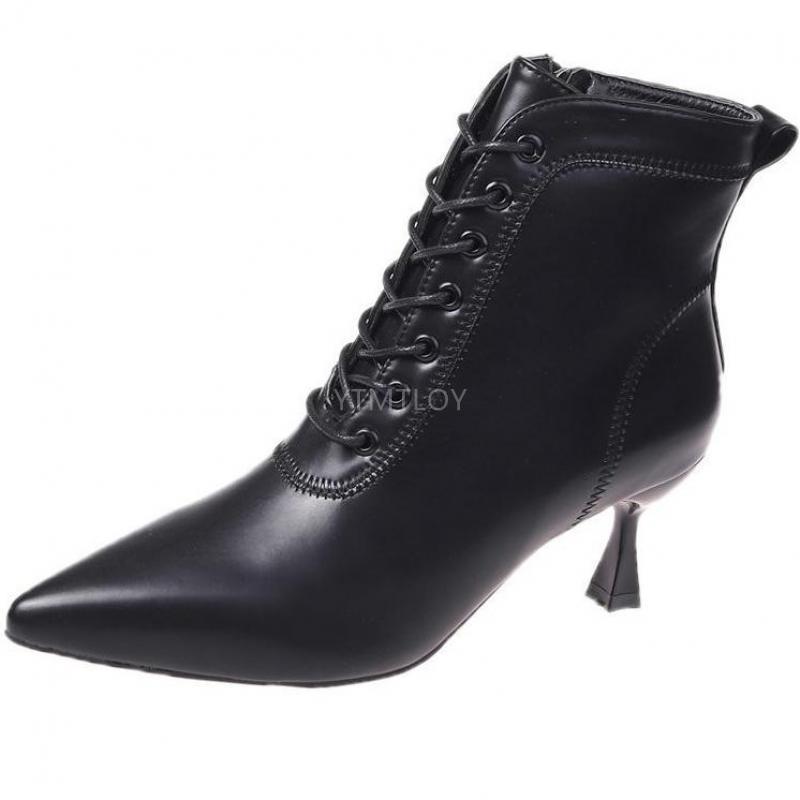 Stijl leren puntige neus stiletto hoge hakken winter streetwear veter enkellaarsjes kruisstrik chelsea boots: Zwart / 37