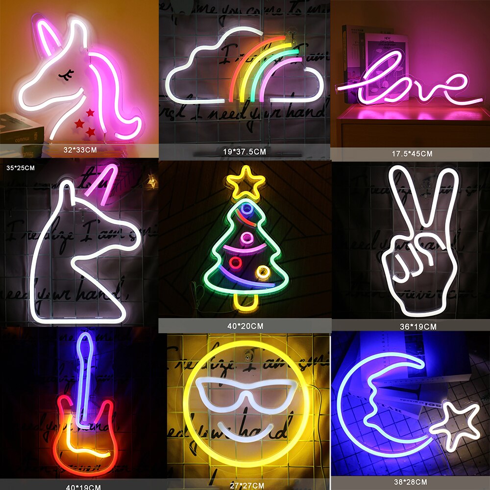 LED Neon Sign USB Powered Party Wall Hanging Light Christmas Tree Love Moon Star Unicorn Smile Cloud Gutar Bedroom Decor