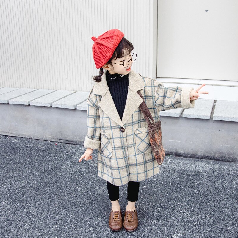Vestiti Delle Ragazze del capretto di Lana del Cappotto di Inverno Caldo Giacca A Quadri Più Il Lungo di Spessore 2019 Bambini Vestiti di Lana Toddle Bambino della ragazza Outwear: Blu / 24M